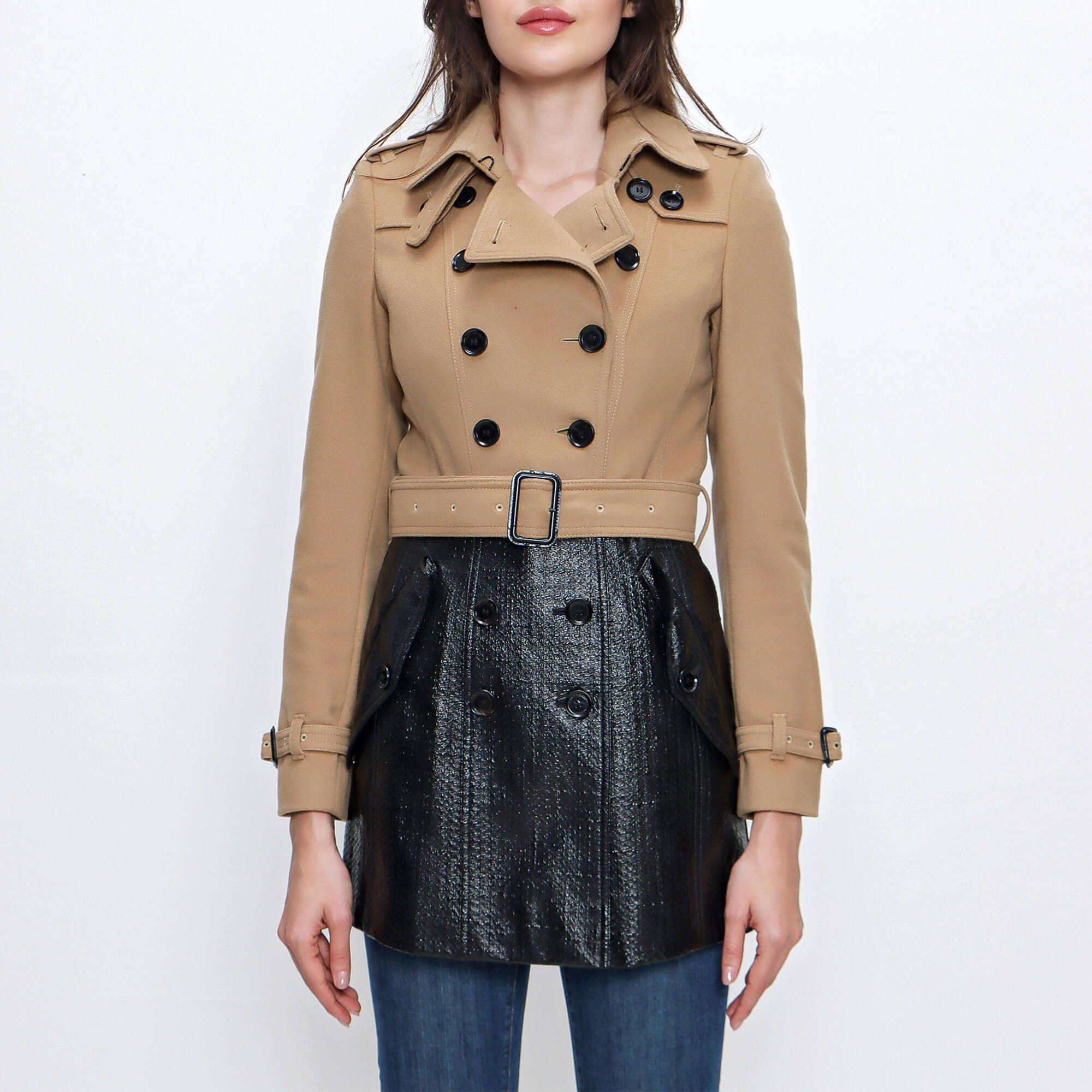 Burberry - Beige Wool Black Leather Trench Coat 